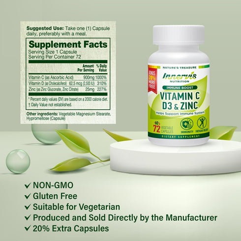 Immunity Immune Boost Supplement – Vitamin C D3 Zinc Blended 72 Veggie Capsules Immune Support Antioxidant Supplement...