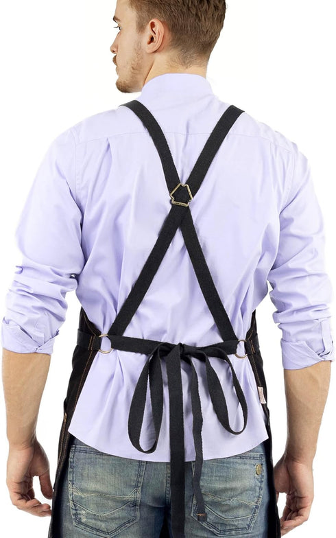 Under NY Sky Essential Deep Black Apron – Cross-Back with Durable Twill and Leather Reinforcement – Adjustable for Men and Women – Pro Chef, Tatto...