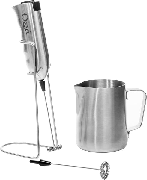 Ozeri Deluxe Milk Frother and 12 oz Frothing Pitcher in Stainless Steel, with Extra Whisk Attachment...