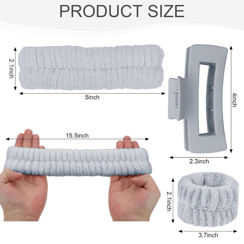 4Pcs Gray Spa Headband and Face Washing Wristbands Set, Skincare Headband Face Wash Headband Makeup Headband, Hair Claw Clip Skin Care Headband fo...