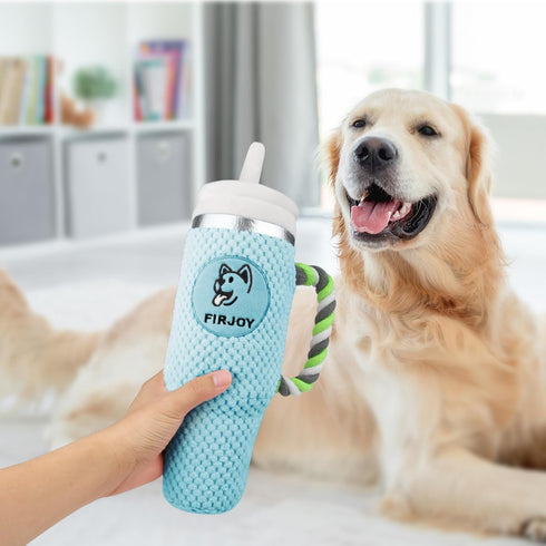 FIRJOY Funny Tumbler Plush Dog Toy - Cute Stanley-Shaped Cup Squeaky Dog Toy for All Dog Breeds and Sizes (Pool)...