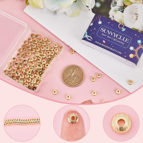 SUNNYCLUE 1 Box 200Pcs Gold Beads 6mm Real 18K Gold Plated Brass Heishi Disc Beads Bulk Flat Round Thick Loose Spacer Bead Golden Rondelle Metal B...