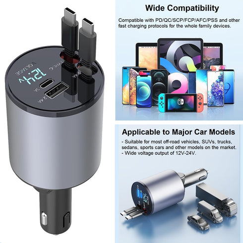 Retractable Car Charger - 4-in-1 Fast Car Phone Charger 120W Cigarette Lighter Dual USB C Car Charger Adapter for iPhone 15 14 13 12 Pro Max iPad ...