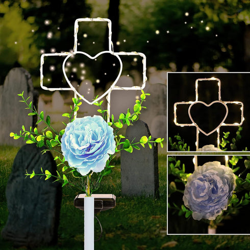 16 Inch Solar Cross Garden Stake Lights with 1 Artificial Flower Metal Garden Art for Patio Lawn Garden Decor Solar Outdoor love Sign for Gravesit...