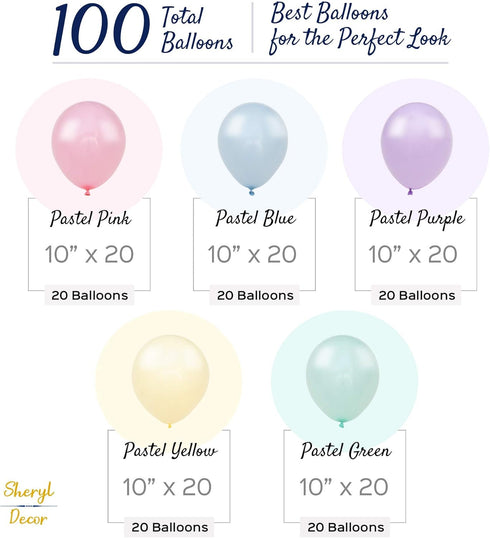 100 Pastel Balloons for Parties – 10 Inch Latex for Easter Party Decorations or Rainbow Supplies - Blue, Purple, Yellow, Green and Pink Balloons f...