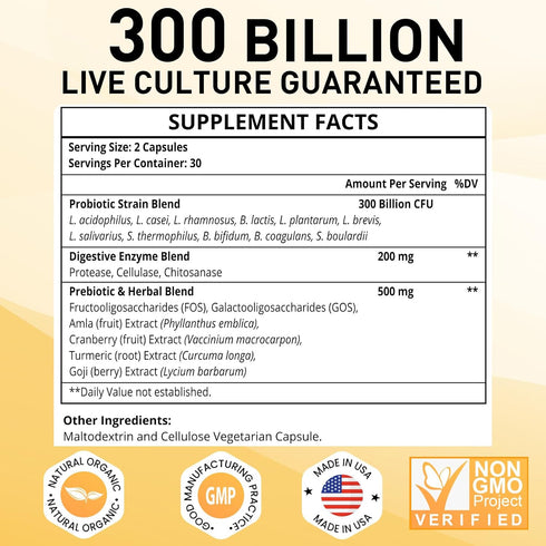 Probiotics for Women & Men, 300 Billion CFU 11 Strains, Probiotic with Organic Herbal & Digestive Enzymes, Shelf Stable Probiotic for Gut Digestiv...