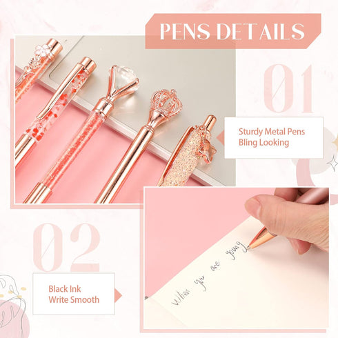 9 Pcs Rose Gold Ballpoint Pens Set with Metal Crystal Diamond Design for Women - Fancy Pens for Journaling, Writing, Gifts...