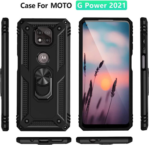 TJS Compatible with Motorola Moto G Power 2021 Case, with Tempered Glass Screen Protector, Metal Ring Kickstand Magnetic Support Drop Protective C...