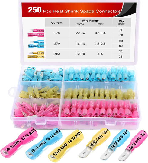 Nilight - 50027R 250 PCS Heat Shrink Spade Connectors Quick Disconnect Wire Connectors Electrical Spade Terminals Heat Shrink Fully Insulated Male...
