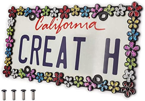 Creathome 3D Shining Daisy Wrenth License Plate Frame from Pure Zinc Alloy Metal Perfect Plate Holder, Matt Black with Colorful Glitter...