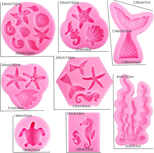 Mermaid Molds Silicone Fondant Molds Marine Theme Chocolate & Polymer Clay Candy & Soap Molds Mermaid Tail Seashell Coral Turtle Starfish Seahorse...