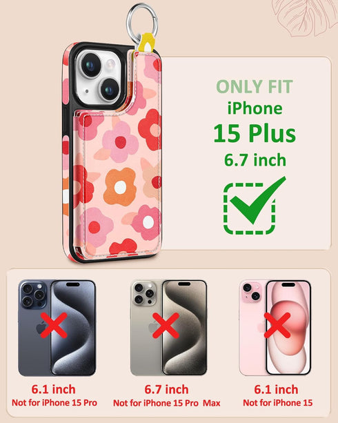 for iPhone 15 plus Wallet Case with Card Holder, Cute Designer Pk Flower Pattern Kickstand Magnetic Clasp Back Flip Folio Leather Cases for iPhone...