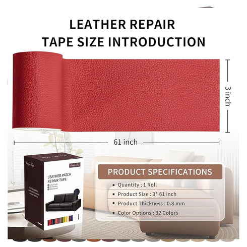 Leather Repair Patch Tape, Red 3 x 61 Inches Self Adhesive Leather Repair Kit for Furniture, Car Seat,Vinyl Leather Repair Kit for Office Chairs, ...