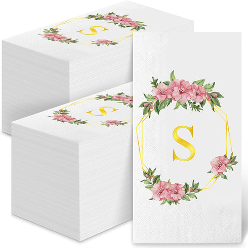 200 Gold Floral Monogrammed Disposable Napkins - Initial Letter S Paper Guest Hand Towels, Flower Monogram Dinner Napkins for Bathroom Wedding Bir...