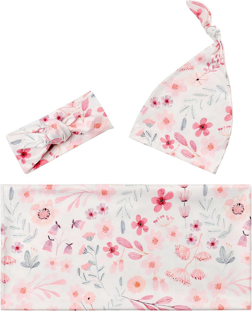 Newborn Floral Print Blanket Baby Stretch Wrap Swaddle Blanket Receiving Blanket with Matching Headband and Beanie (Small Flower and Leaf)...