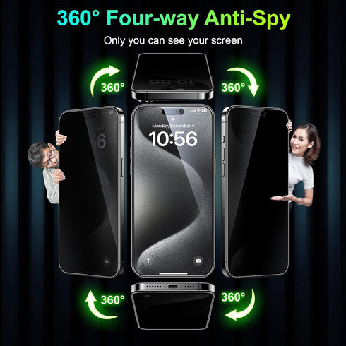 Esanik 2 Pack 360 Degree 4-way Anti-spy for iPhone 15 Pro Max Privacy Screen Protector 6.7'' Tempered Glass, Installation Frame, 9H Hardness......