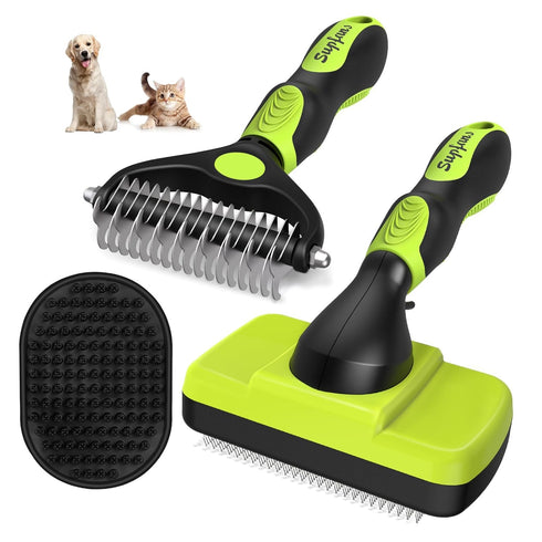 3PCS Dog Brush I Dog Brush for Shedding I Deshedding Dog Brush I Dog Bath Brush I Slicker Brush For Dogs I Dog Comb I Premium Pet Supplies (Green ...
