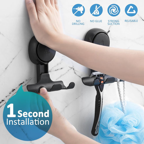 TAILI Shower Razor Holder Suction Cup 2 Packs, Heavy Duty Reusable Vacuum Suction Razor Hook, Bathroom Wall Hooks for Razor Towel Robe, Black...