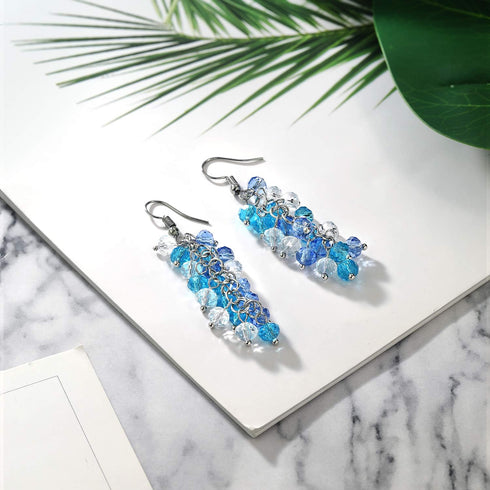 Gem Stone King 2 Inch Ocean Blue Cluster Faceted Crystal Dangle Hook Earrings For Women 2 Inch...