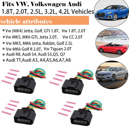 Vw Ignition Coil Connector Plug Harness Compatible with Volkswagen Vw Passat Audi A4 1.8T, 2.0T, 2.5L, 3.2L, 4.2L 4 Pack Vw Ignition Coil Harness ...