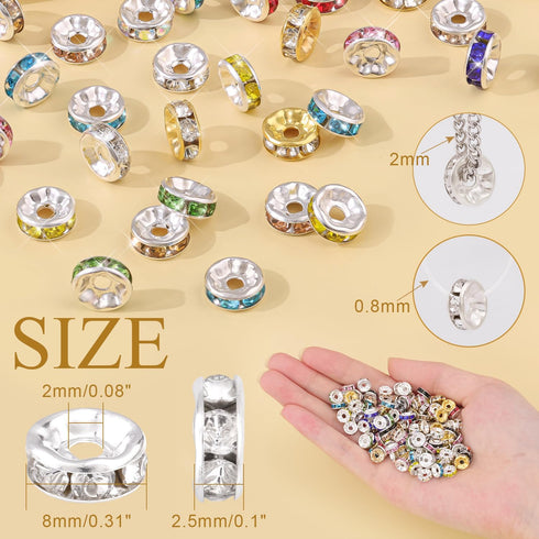 600 pcs 8mm Spacer Beads for Crafting, 10 Colors Rondelle Spacer Beads Box, Fancy Sparkle Crystal Rhinestone Spacer Loose Beads for Necklace Brace...