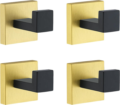 Towel Hooks for Bathrooms, Black & Gold Towel Hook for Kitchen Bathroom, SUS304 Stainless Steel Coat Hook, Square Heavy Duty Robe Hooks for Hangin...