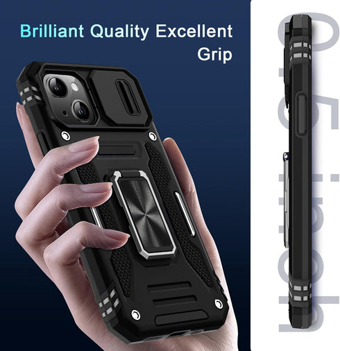 DEERLAMN for iPhone 15 Case with Slide Camera Cover + Screen Protector (2 Packs), Rotated Ring Kickstand Military Grade Shockproof Protective Cove...