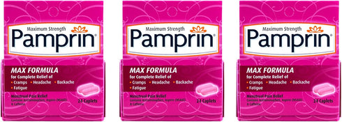 Pamprin Maximum Strength Max Pain + Energy Formula, Menstrual Period Symptoms Relief for Cramps, Headache, Pain and Bloating, 24 Caplets (Pack of ...