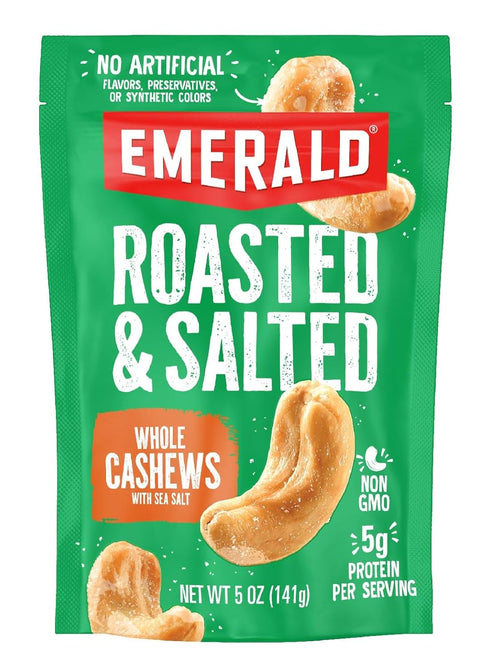 Emerald Nuts Roasted and Salted Whole Cashews (1-Pack), 5oz Resealable Bag, Kosher Certified, Non-GMO, Contains No Artificial Preservatives, Flavo...