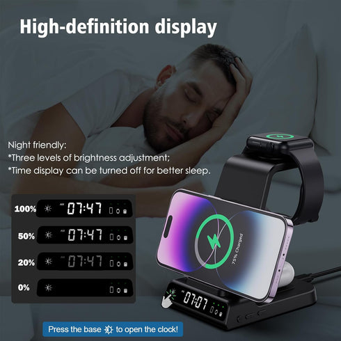 Wireless Charging Station, YiJYi 3 in 1 Watch Charger Stand with Digital Clock Suitable for iWatch SE/6/5/4/3/2/1,AirPods Pro, for iPhone 15/14/13...