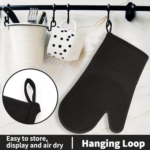 Silicone Oven Mitts, Oven Gloves with Non-Slip Waterproof - 2PCS Black Oven Mittens Heat Resistant 600 Degree, Soft Lining Silicone Oven Mits for ...