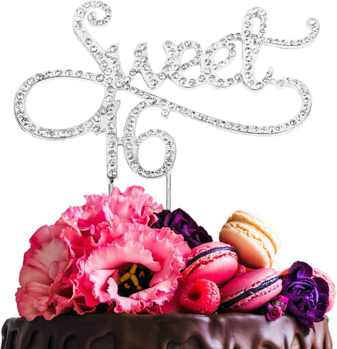 Sweet 16 Cake Topper for 16 Years Birthday Or 16th Wedding Anniversary Crystal Rhinestone Party Decoration Silver...