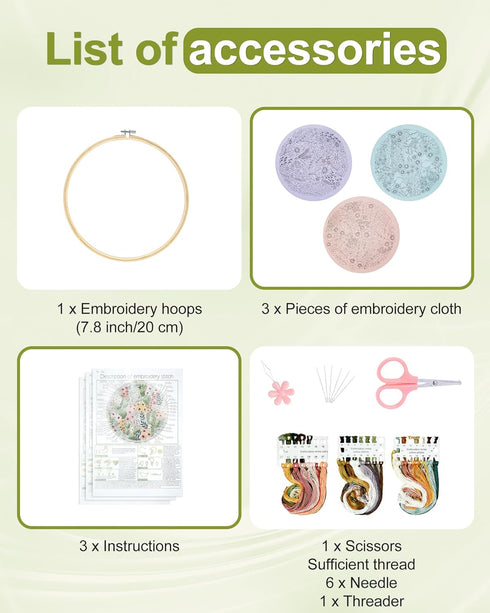Santune 3 Sets Embroidery Kit,Cross Stitch Kits for Beginners,Needlepoint Kits for Adults with Easy Stamped Flower Pattern Fabric Hand Crafts,Hoop...
