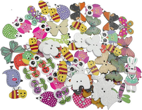 Kinteshun Wooden Buttons Natural Wood 2-Holed Fastener Buttons for Sewing Knitting Handcraft(100pcs,Assorted Cartoon Animals Printing Patterns)...