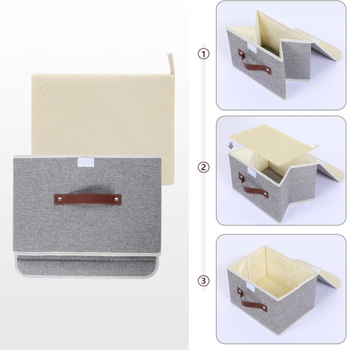 Collapsible Storage Bins with Lids & PU Leather Handles - PP Plastic Board Washable Linen Fabric Storage Box, Foldable Storage Cube for Home Bedro...
