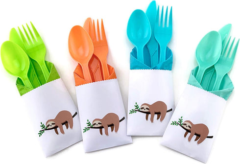 Sloth Birthday Party, Cutlery Bag Sets, Favor Bags, Green Paper Napkins, Gold Plastic Utensils, Tropical Birthday, Jungle Party Decorations (24 Co...