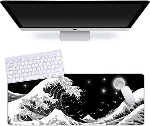 Gaming Mouse Pad Japanese Black and White Sea Wave Large XXL Mouse Pad Extended Big Desk Mat 31.06" x 11.8" Keyboard Laptop Computer Mousepad for ...