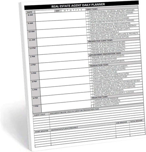 Real Estate Agent Supplies - Daily Planner Task List Notepad. Simple one page document with calendar, task lists, call and mileage log. Keep organ...