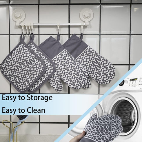 Oven Mitts and Pot Holders Sets 6pcs, Thick Cotton Oven Gloves High Heat Resistant 500?with Extra Long Oven Mitts and Hot Pads Potholders with Non...