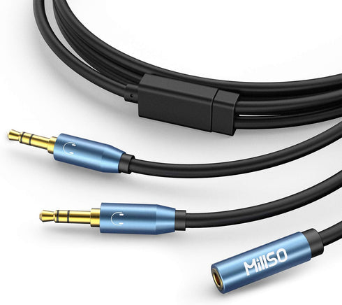 MillSO Audio Splitter, Female to 2 Male 3.5mm TRS Audio Splitter, 8 Feet SapphireBlue&Gold-Plated Stereo Jack Headphones Adapter Cable for Smartph...