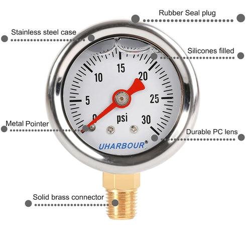 Glycerin Filled Pressure Gauge with 304 Stainless Steel Case, 1-1/2" Dial Size, 0-30Psi, High Accuracy, 1/8"NPT Center Lower Mount...
