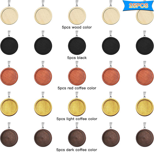 25Pcs Round Wooden Pendant Trays Bezel,5 Colors Blanks Round Wood Cabochon Pendant Trays Bezel Pendant Trays Bezel Pendant Blanks for Crafting DIY...