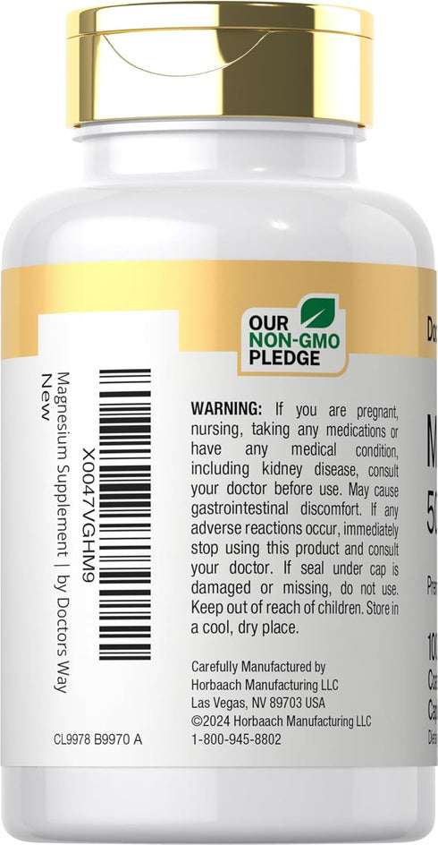Doctor's Way Magnesium Supplement 500mg | 100 Coated Caplets | Magnesium Oxide | Vegetarian, Non-GMO, Gluten Free...