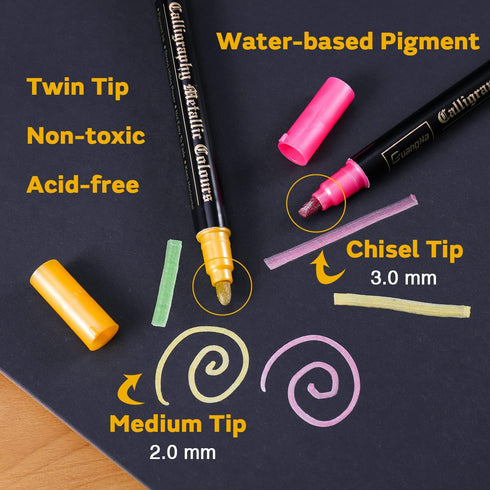 Calligraphy Metallic Marker Pens Dual Tip Chisel and Medium Point Pens for Black Paper, Rock Painting, Easter Egg, Halloween Pumpkin, Card Making,...