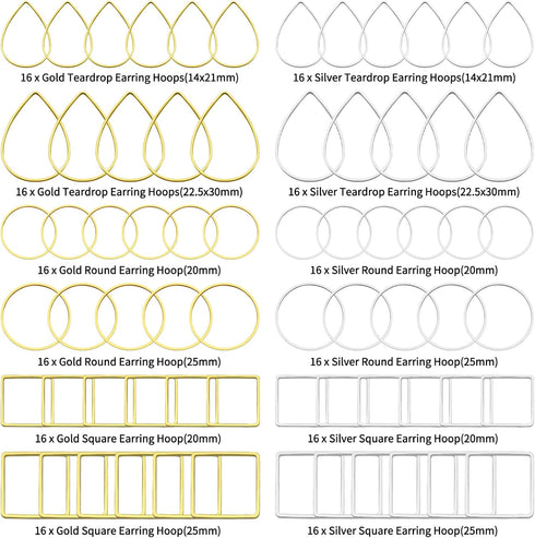 Oubaka 192pcs Earring Hoop Jewelry Making, 3 Shapes Earrings Beading Hoop Bulk Hypoallergenic Square Teardrop Round Earring Findings for DIY Craft...