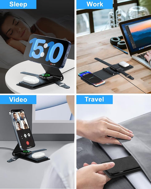 Foldable Magnetic Wireless Charger, Leather 3-in-1 Charging Station for Multiple Devices Apple, Fast Travel Mag-Safe Charger Stand for iPhone 15 1...