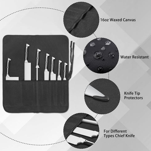 Knife Roll, Chef Knife Bag, Waxed Canvas Heavy Duty Knife Pouch with 7 Slots, Knife Bags for Chefs Professional with Knife Tip Protectors Tool Sto...