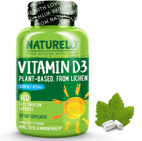 NATURELO Vitamin D - 2500 IU - Plant Based from Lichen - Natural D3 Supplement for Immune System, Bone Support, Joint Health - Vegan - Non-GMO - G...