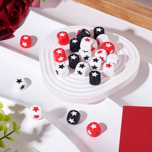 40Pcs Silicone Star Beads Cube Focal Beads 12mm Square Shaped Beads Red Black Pen Beads for Crafts DIY Beadable Pens Keychain Bracelet Jewelry Mak...