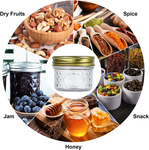 Encheng 4oz Glass Jars With Regular Lids,Mini Wide Mouth Mason Jars,Clear Small Canning Jars With Gold Lids,Canning Jars For Honey,Herbs,Jam,Jelly...